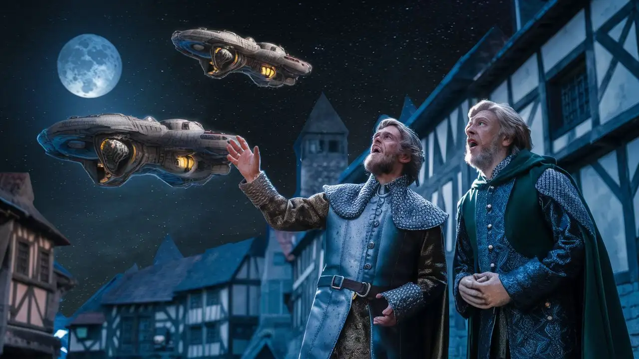 The scene shows two men dressed in medieval clothing curiously observing two alien spaceships floating in the starry night sky, illuminated by the moonlight, next to them is an impressive gray Lamborghini Sian Roadster exotic car. metallic that reflects the light of the impressive stage. The scene increases its drama with high contrast shadows and 3D cinematic techniques.