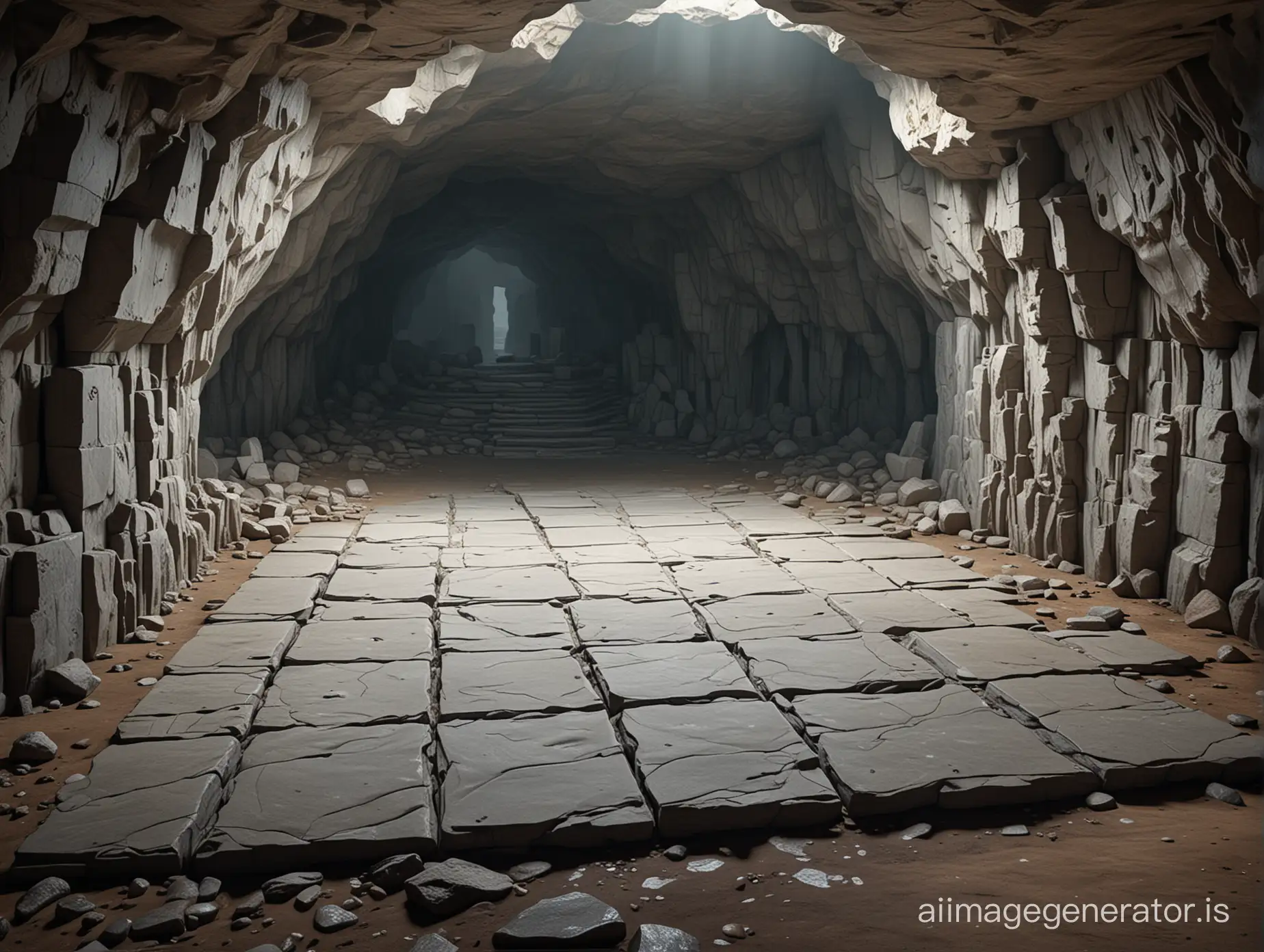 a monumental cave with a floor covered with giant square stone slabs, fantasy , in style of ObsCure game concept art