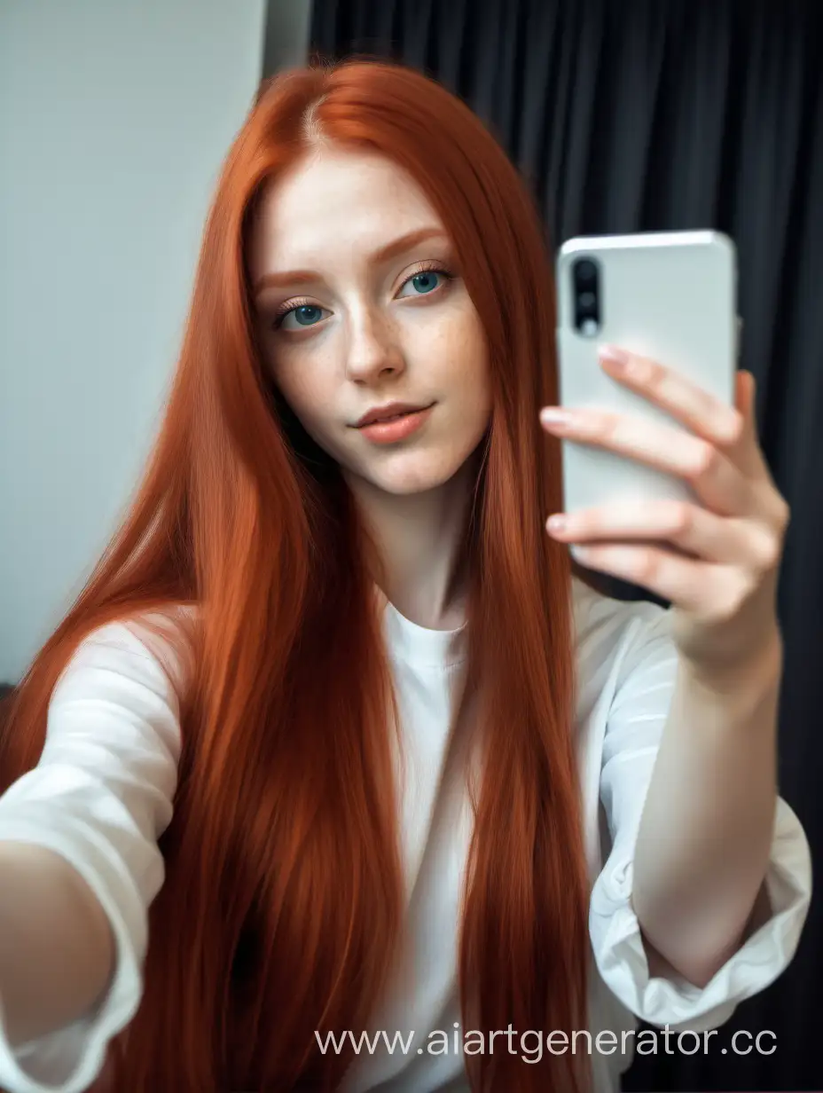 реалистичное фото. девушка с длинными рыжими волосами делает селфи на телефон