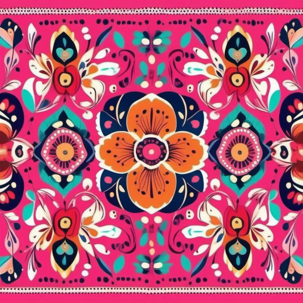 bright vibrant colorful folklore seamless pattern, elegant beautiful, pink background
