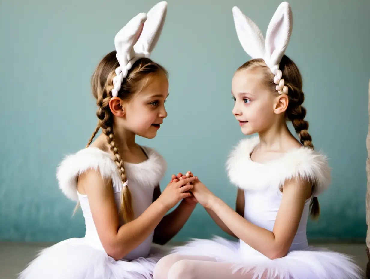 two 10 year old Russian ballerina girls wearing bunny ears with their hair in plaits and talking to each other inside a cove made of white fur

