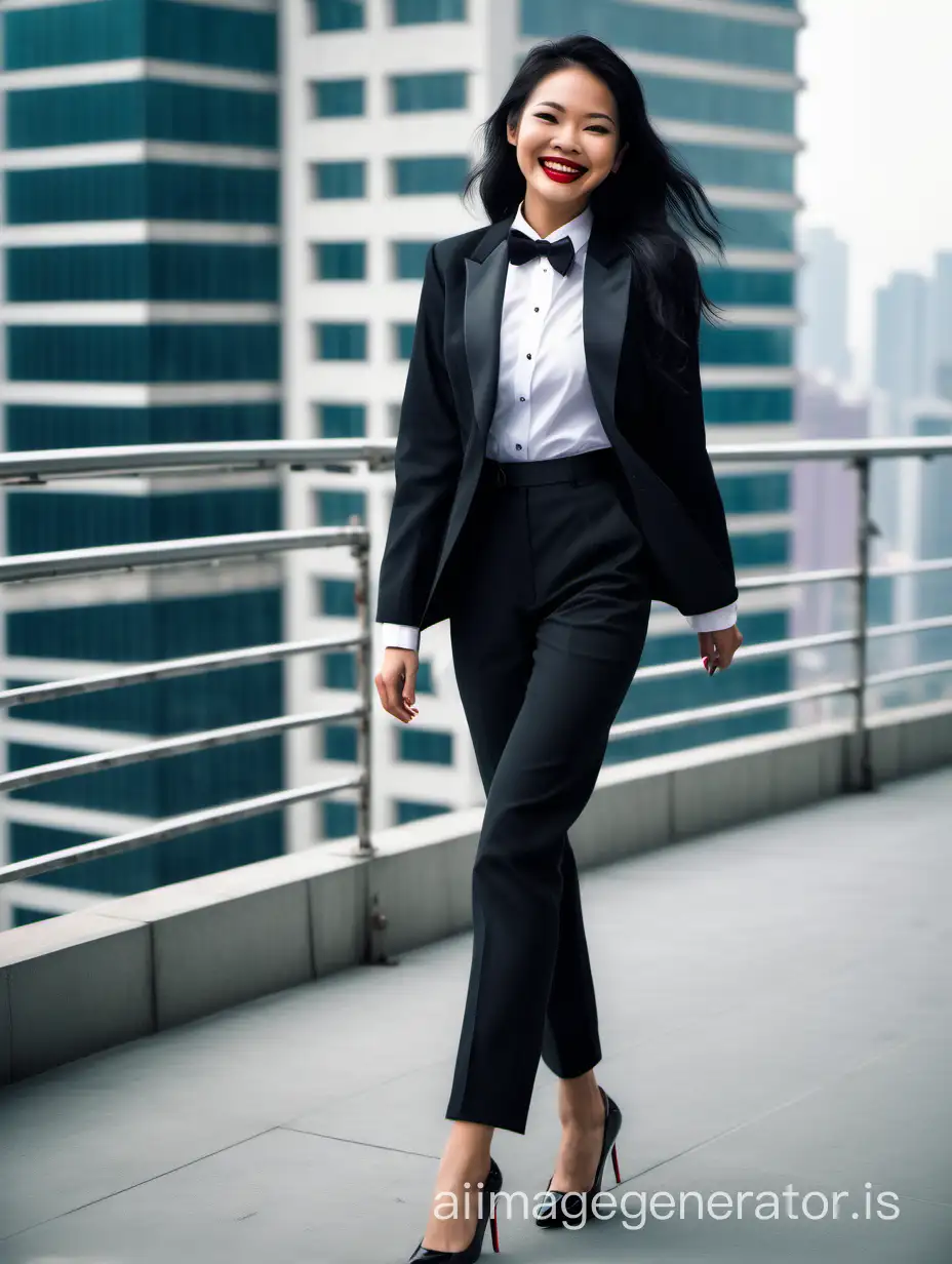 The scene is a scaffold at the top of a skyscraper. A beautiful smiling and laughing Vietnamese woman with tan skin, long black hair, and lipstick, mid-twenties of age, is walking straight forward, looking at the viewer. She is wearing a tuxedo with a black jacket and black pants. Her shirt is white with double French cuffs and a wing collar. Her bowtie is black. Her cufflinks are large and black. She is wearing shiny black high heels. Her jacket is open.