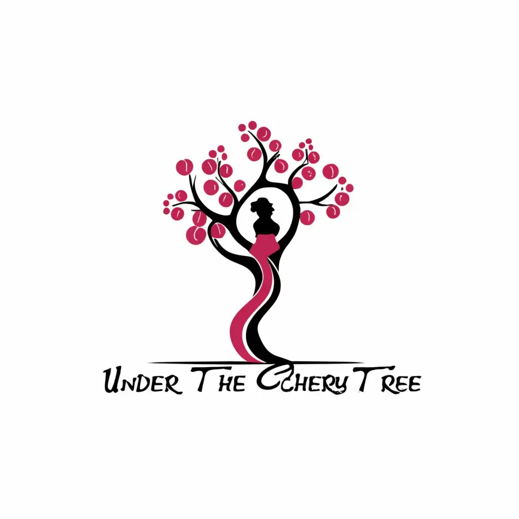 a logo design,with the text ""UNDER THE CHERRY TREE"", main symbol:DESIGN a logo as if you were the famous designer. a minimalist symbol that integrates the trunk of the cherry tree with the silhouette of a person drinking a cup of coffee, the branches of the tree become coffee smoke all in pink and black colors,Minimalistic,be used in Restaurant industry,clear background