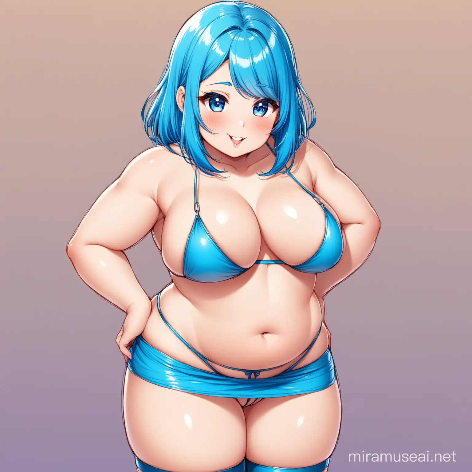 Playful Chubby Girl in Thong and Mini Skirt with Vibrant Blue Hair