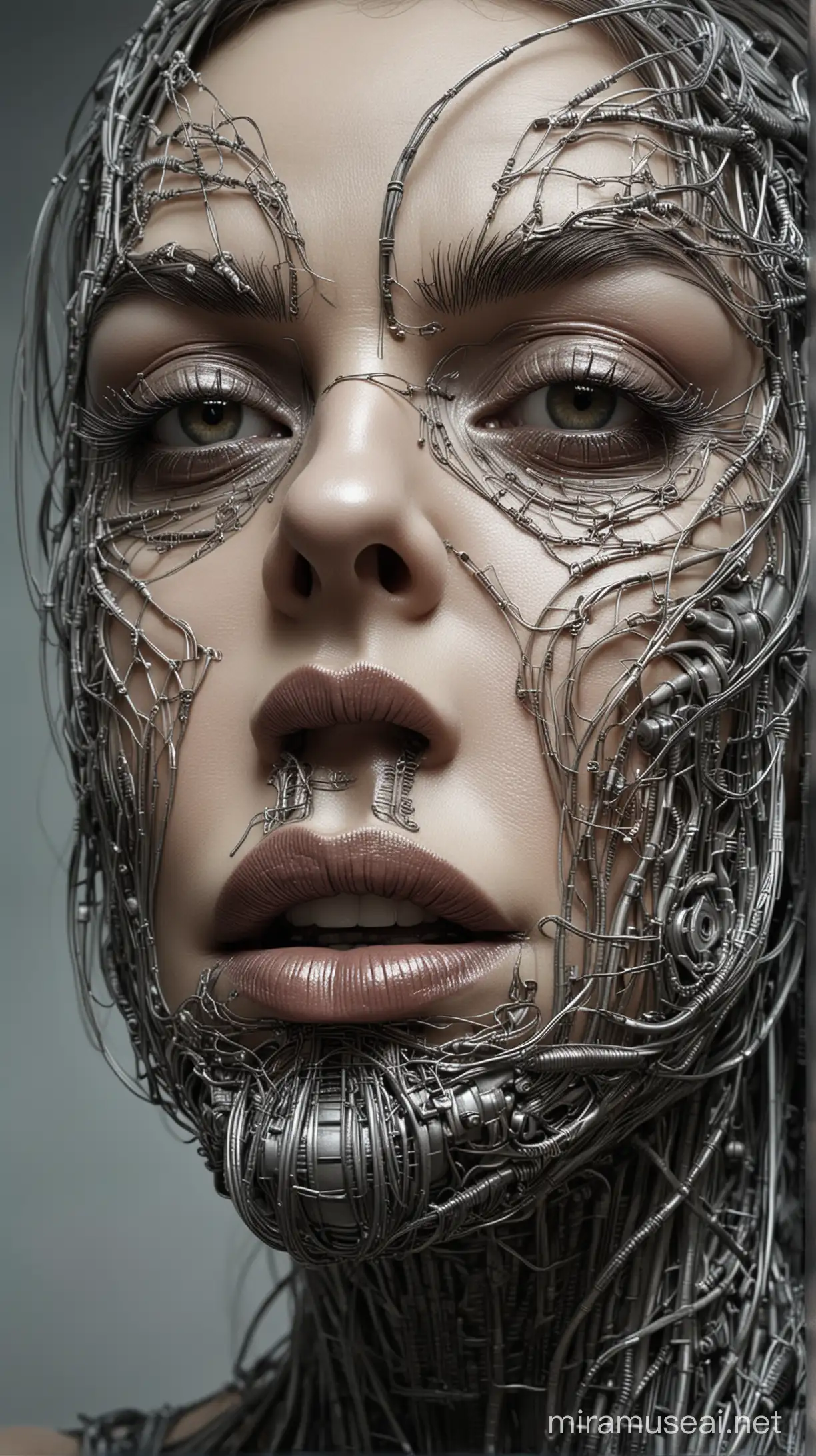 Futuristic Cyberpunk Lips Sculpture Intricately Crafted Wire Art in Giger Style