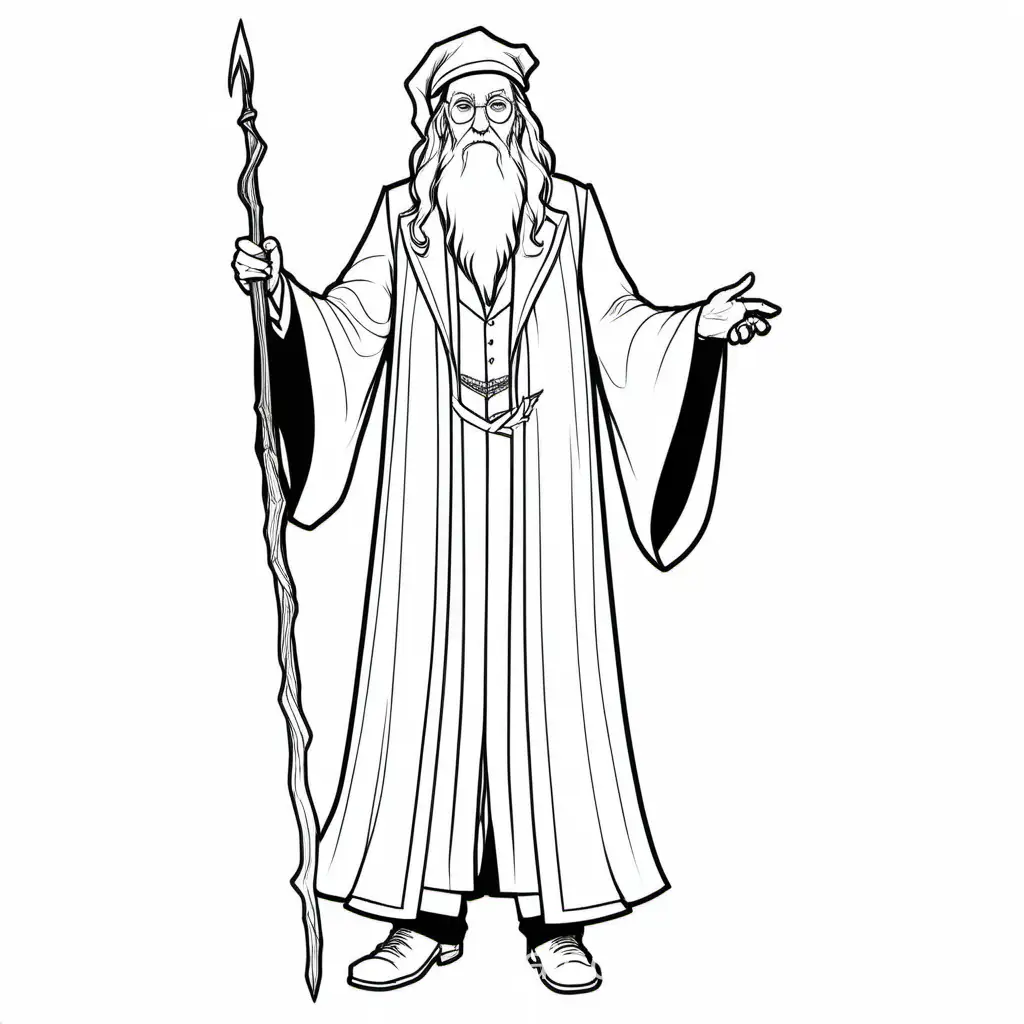 Dumbledore full body, Coloring Page, black and white, line art, white background, Simplicity, Ample White Space. The background of the coloring page is plain white to make it easy for young children to color within the lines. The outlines of all the subjects are easy to distinguish, making it simple for kids to color without too much difficulty