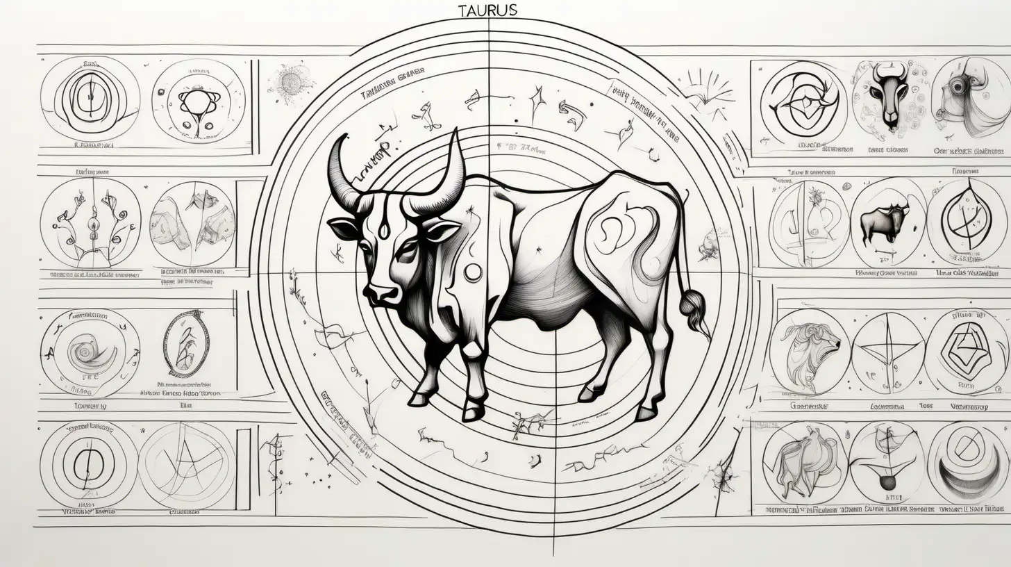 Zodiac signs, descriptions, on Light white page, drawn with loose lines, with text, taurus