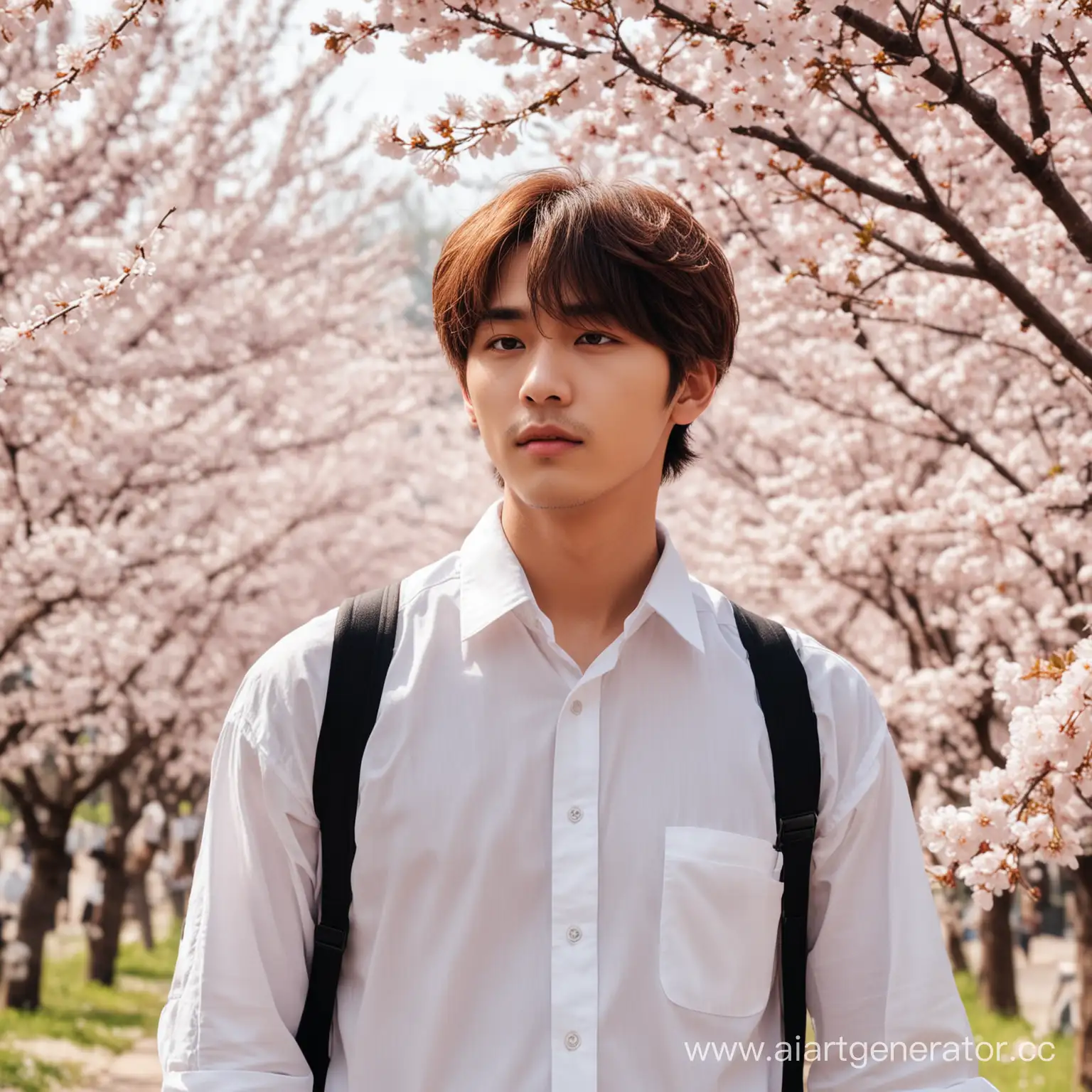 Taehyung-Lookalike-in-White-Shirt-Strolling-Amid-Cherry-Blossoms