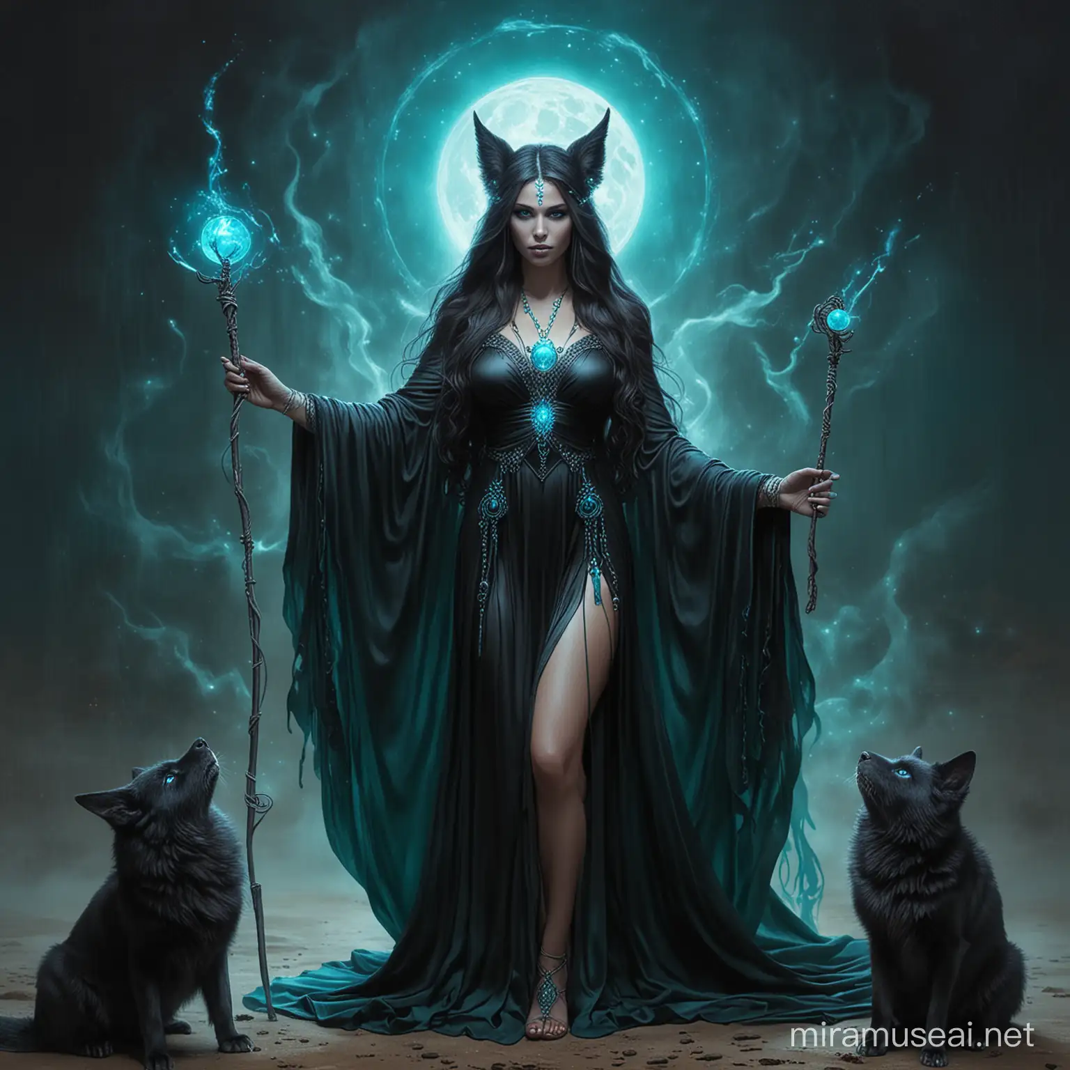 Dark Magic Goddess with Turquoise Orb and Vixens