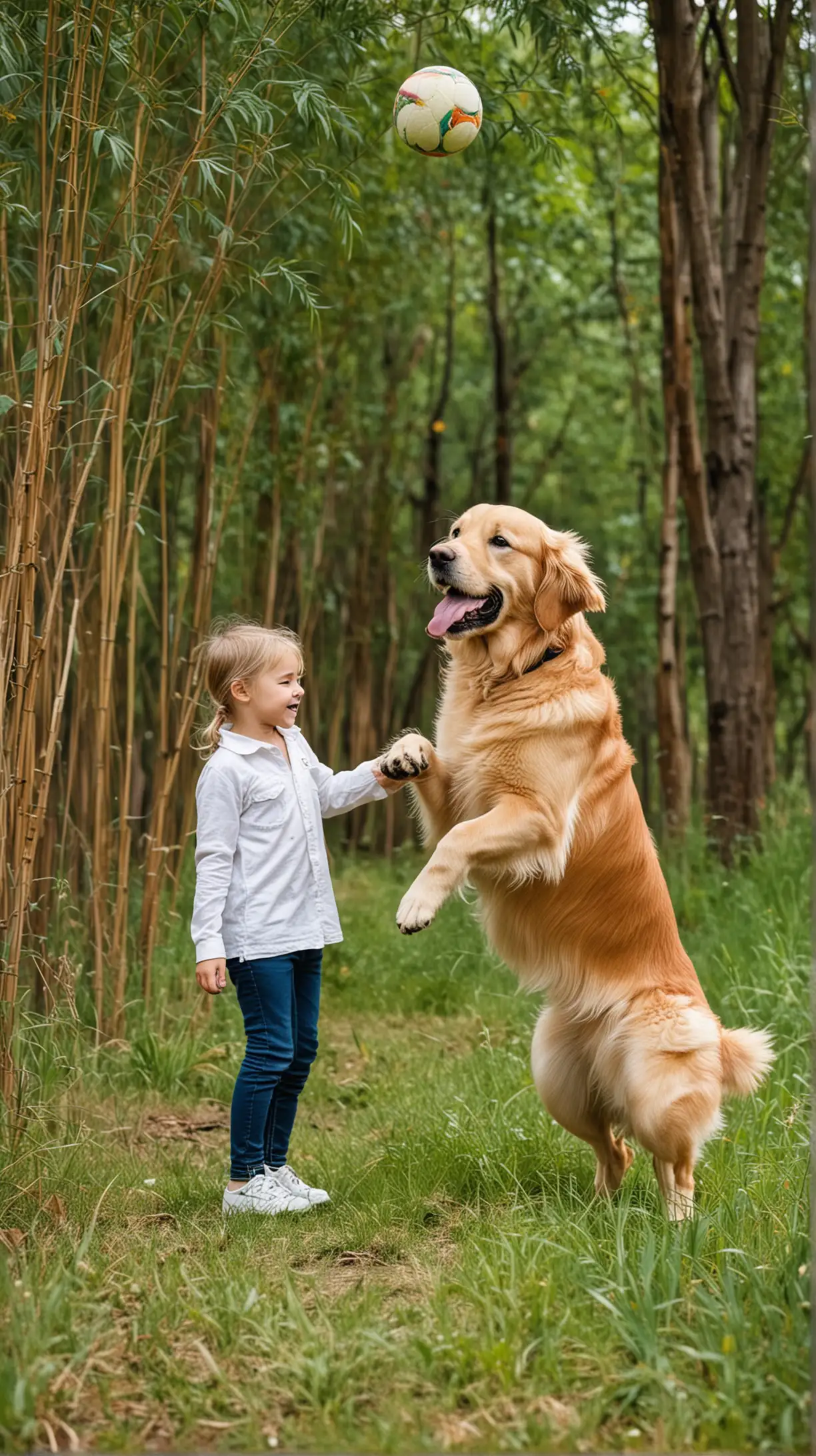 A cute golden retriever dog is playing ball with a young boy and a girl near a forest. The ball went in to the thick grasses and the kid was trying to fetch it back 