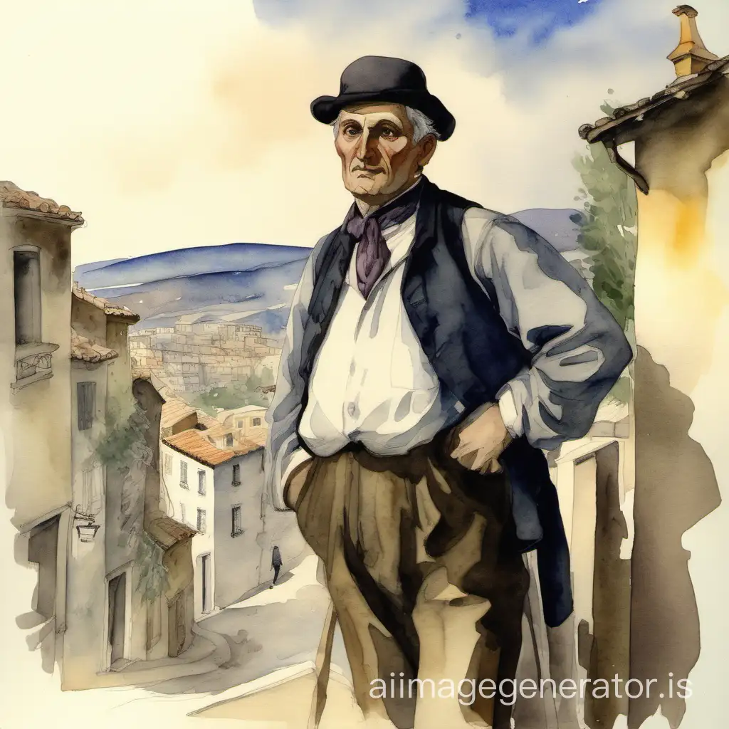19e siècle, ville de Digne, un homme de taille moyenne, trapu et robuste, autour de 50 ans, casquette, vieille blouse grise, ambiance de fin de journée, peint à l'aquarelle