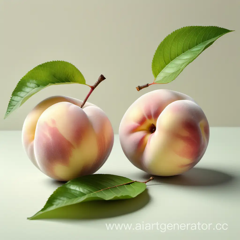 два белых персика нежно бежевого цвета, только бежевый цвет без вкраплений, лежат на светлом фоне, на зеленых листиках, фотореалистично, высокая детализация