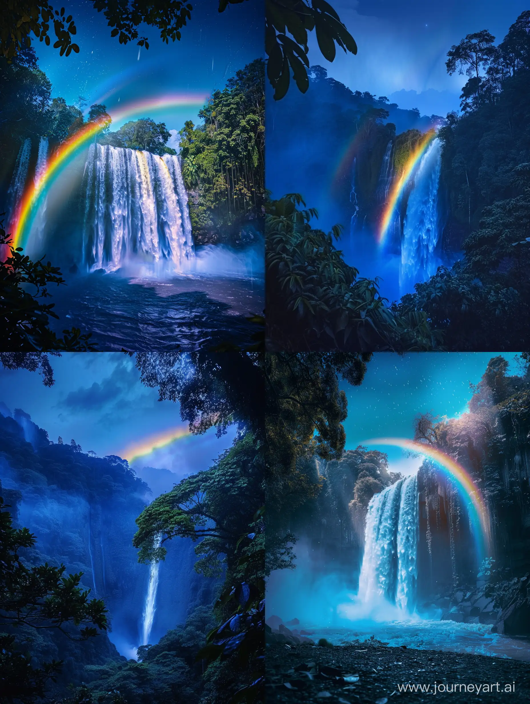 A Magical Rainbow Shines Through the Middle of the Forest and Waterfall, Night, Blue Effect, Cinematic Photography, Wide Shot, High Precision --v 6.0 --ar 3:4 --style raw