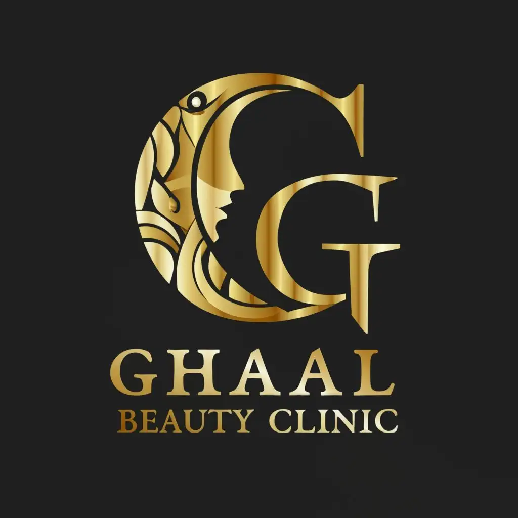 logo, 3d gold combain women face and letter "G" ., with the text "Ghazal Beauty clinic", typography