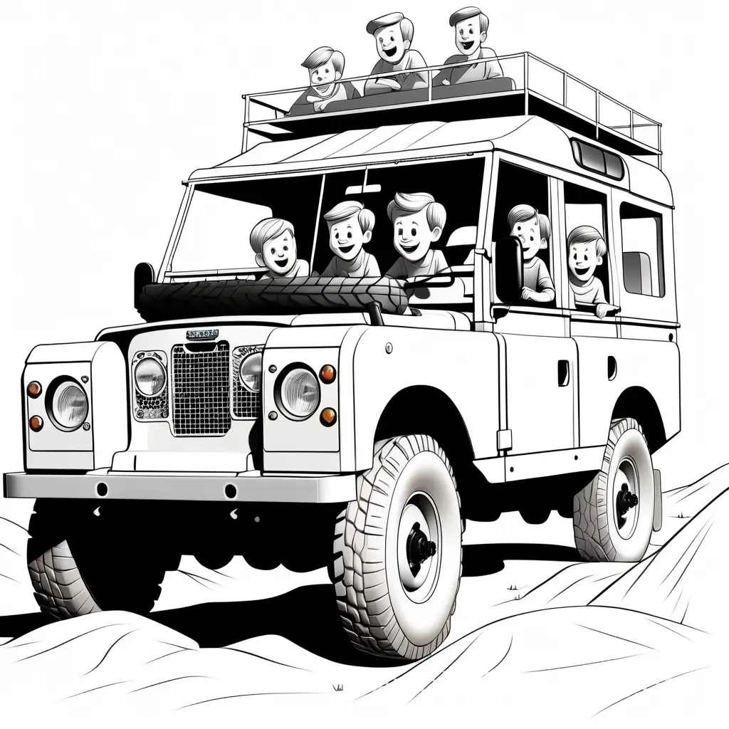 Vintage-Land-Rover-Coloring-Page-with-Eight-Passengers-Black-and-White-Line-Art