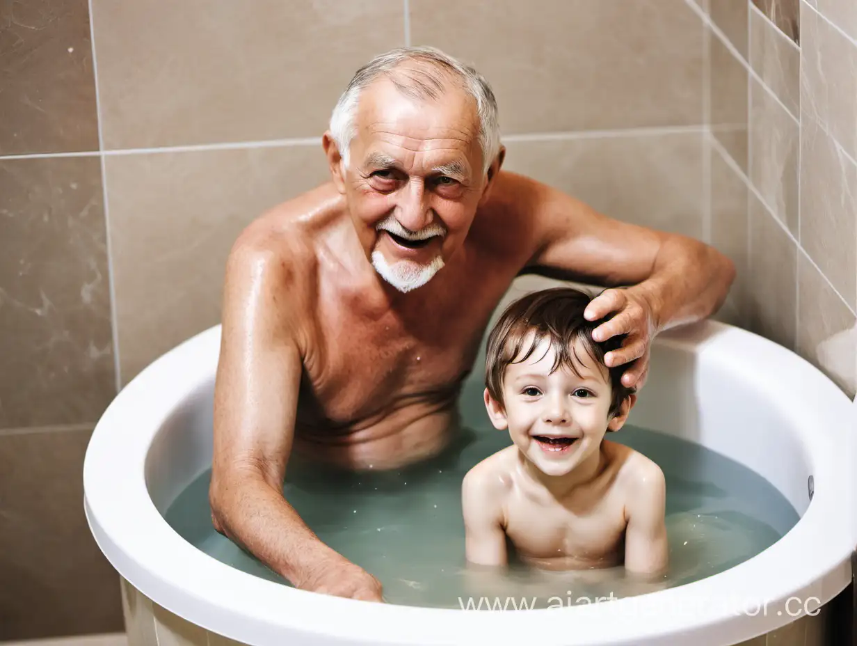 дедушка и внучок купаются