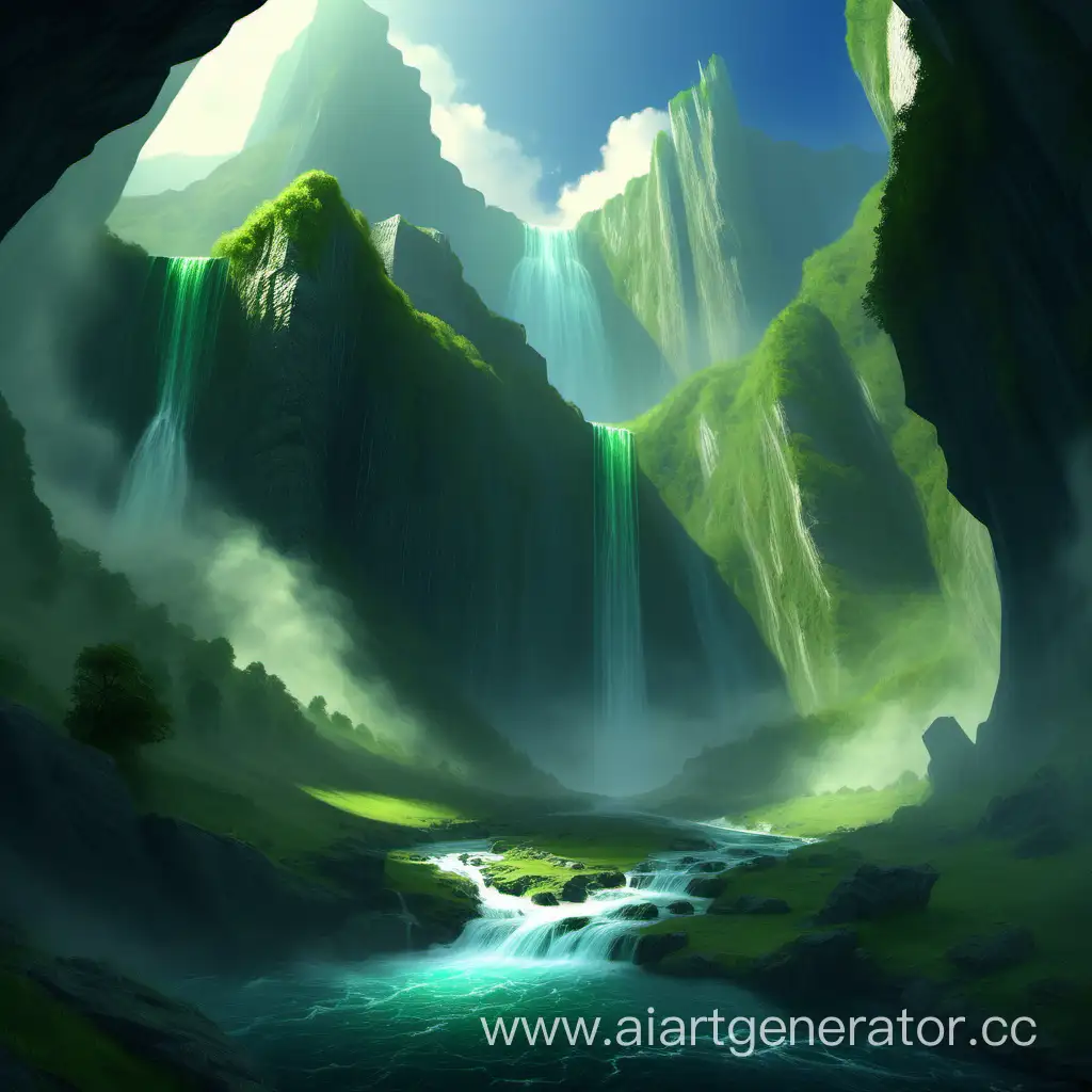 landscape, fantasy, high fantasy, The epic gorge, waterfall, green,  nordic