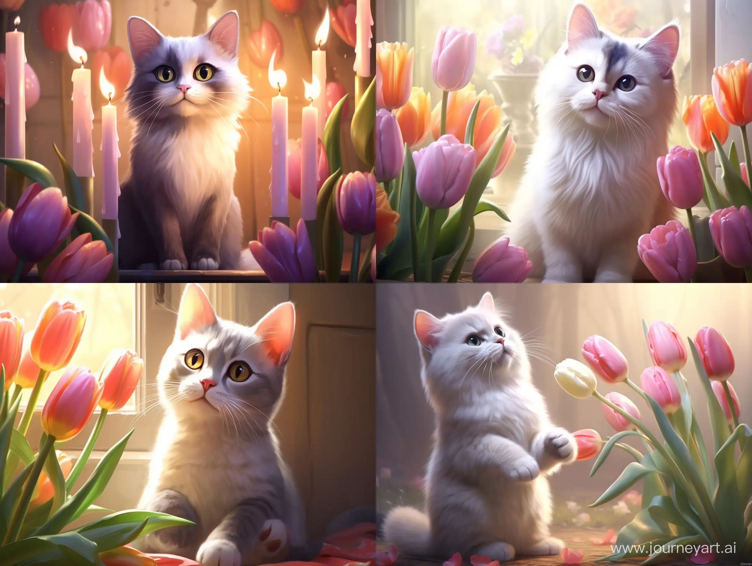 A Pixar-style cat with a bouquet of tulips. Pastel delicate tones.

