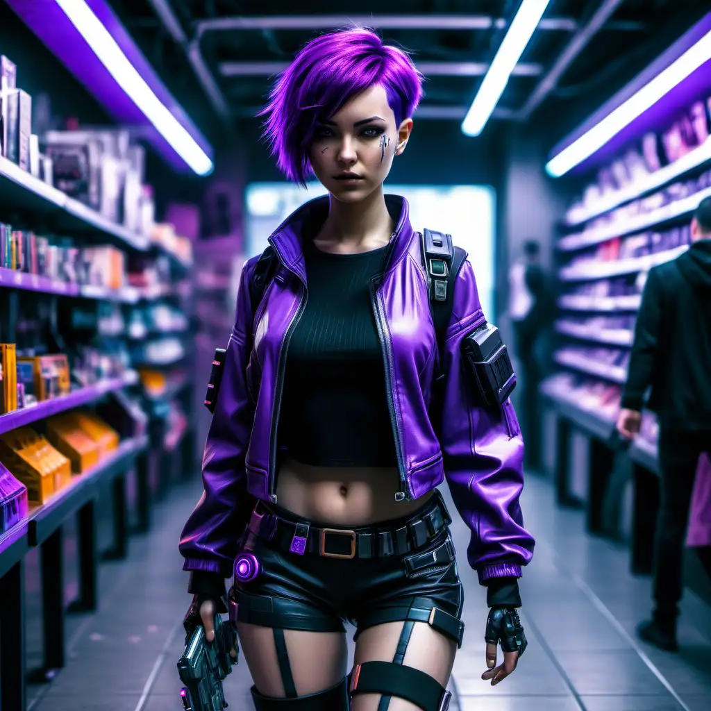 Create a cyberpunk girl with purple short hair who is  walking in a store