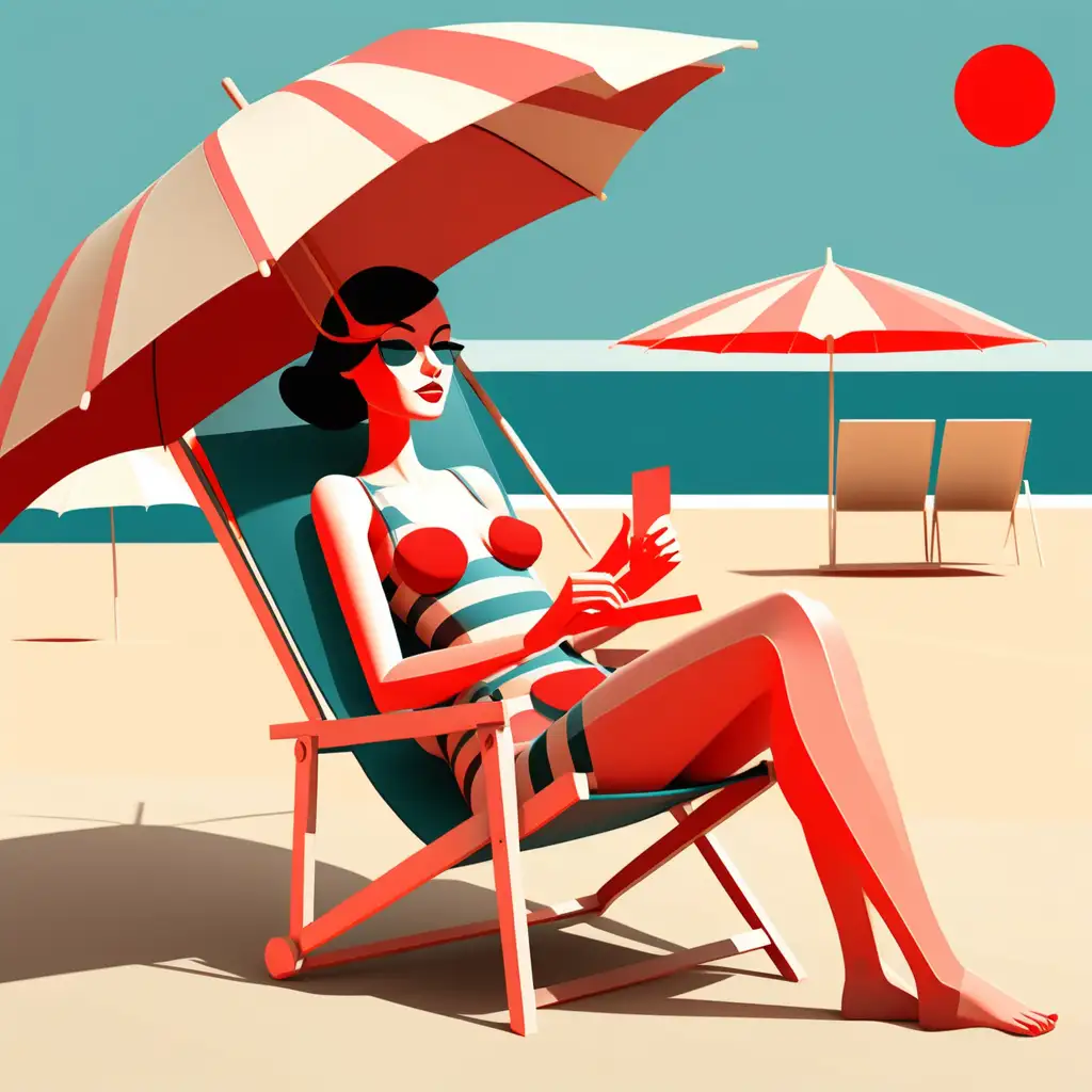 Cubist Beach Scene with Woman Chair and Sun Umbrella