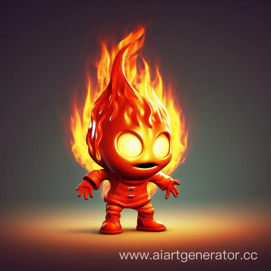 Персонаж для игры: огненный человечек с головой в виде пламени с ярким свечением. Компьютерная графика