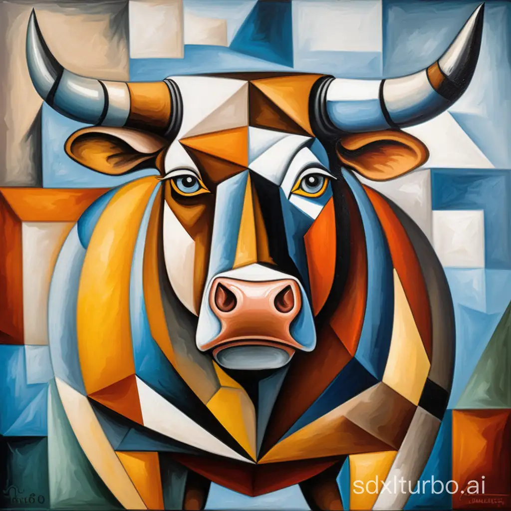bull, oil on canvas, in the style of Pablo Picasso, cubism, density of forms, i can't believe how beautiful this is