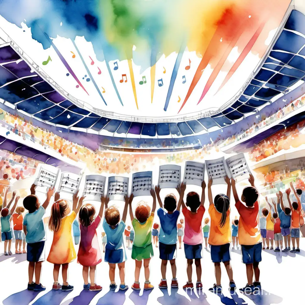 Un dibujo en acuarela de un grupo de niños con partituras en la mano, en un entorno luminoso y colorido, con la sensación de que hace aire procedente de un estadio olímpico, relacionado con las olimpiadas de París 2024