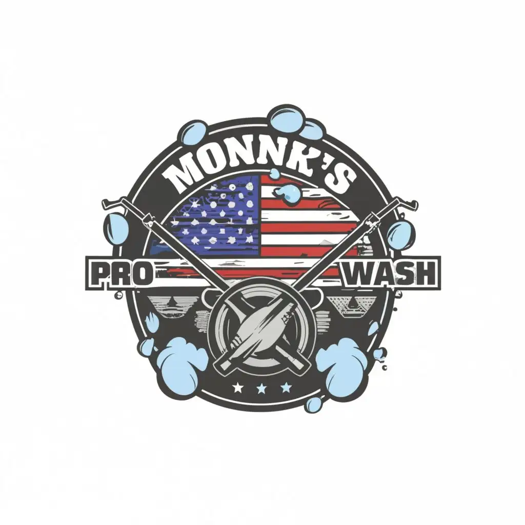 a logo design,with the text "Monk’s Pro-Wash", main symbol:American flag, pressure washing, bubbles,Moderate,clear background