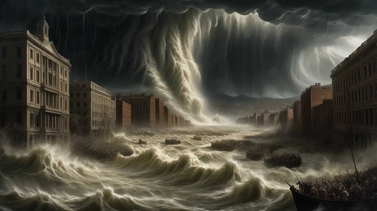 A dramatic and chilling scene depicting the great flood doomsday, with torrents of water cascading from darkened skies and engulfing the landscape below. The chaotic and destructive forces of nature are unleashed, inspired by apocalyptic visions of the biblical great flood.