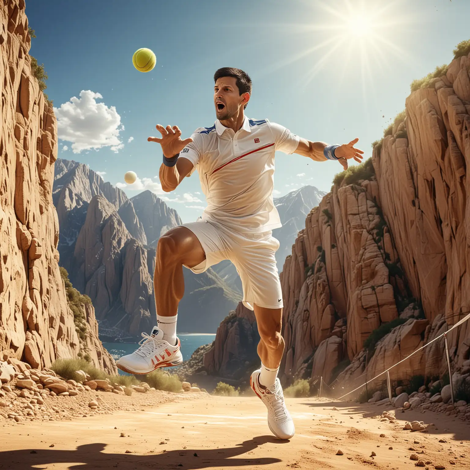 Tennis Player Djokovic , jumps of a Clif and hit the tennis ball , high detailed, sunny day