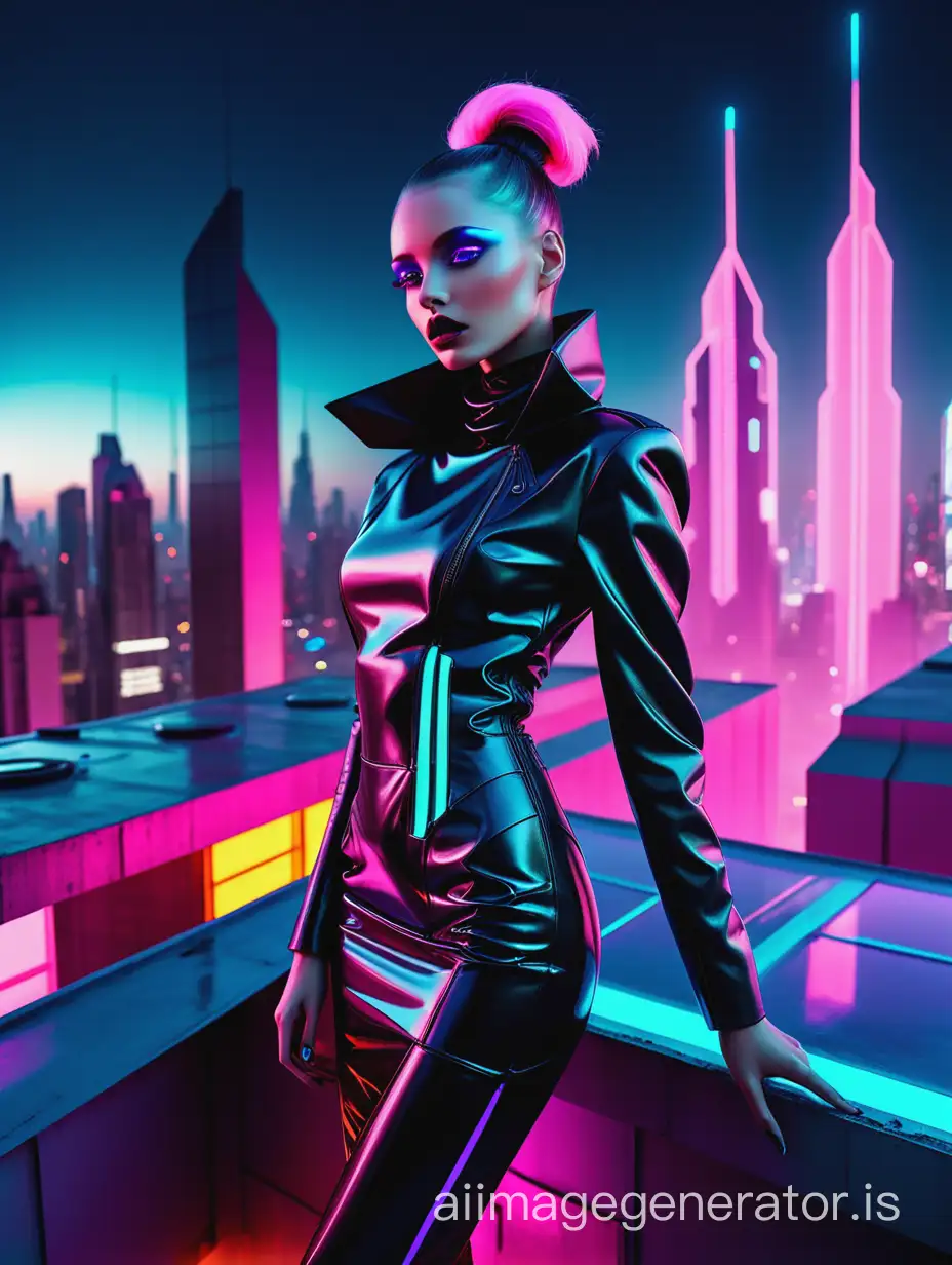 a glamorous digital magazine photoshoot, a fashionable model wearing avant-garde clothing, set in a futuristic cyberpunk roof-top environment, with a neon-lit city background, intricate high fashion details, backlit by vibrant city glow, Vogue fashion photography