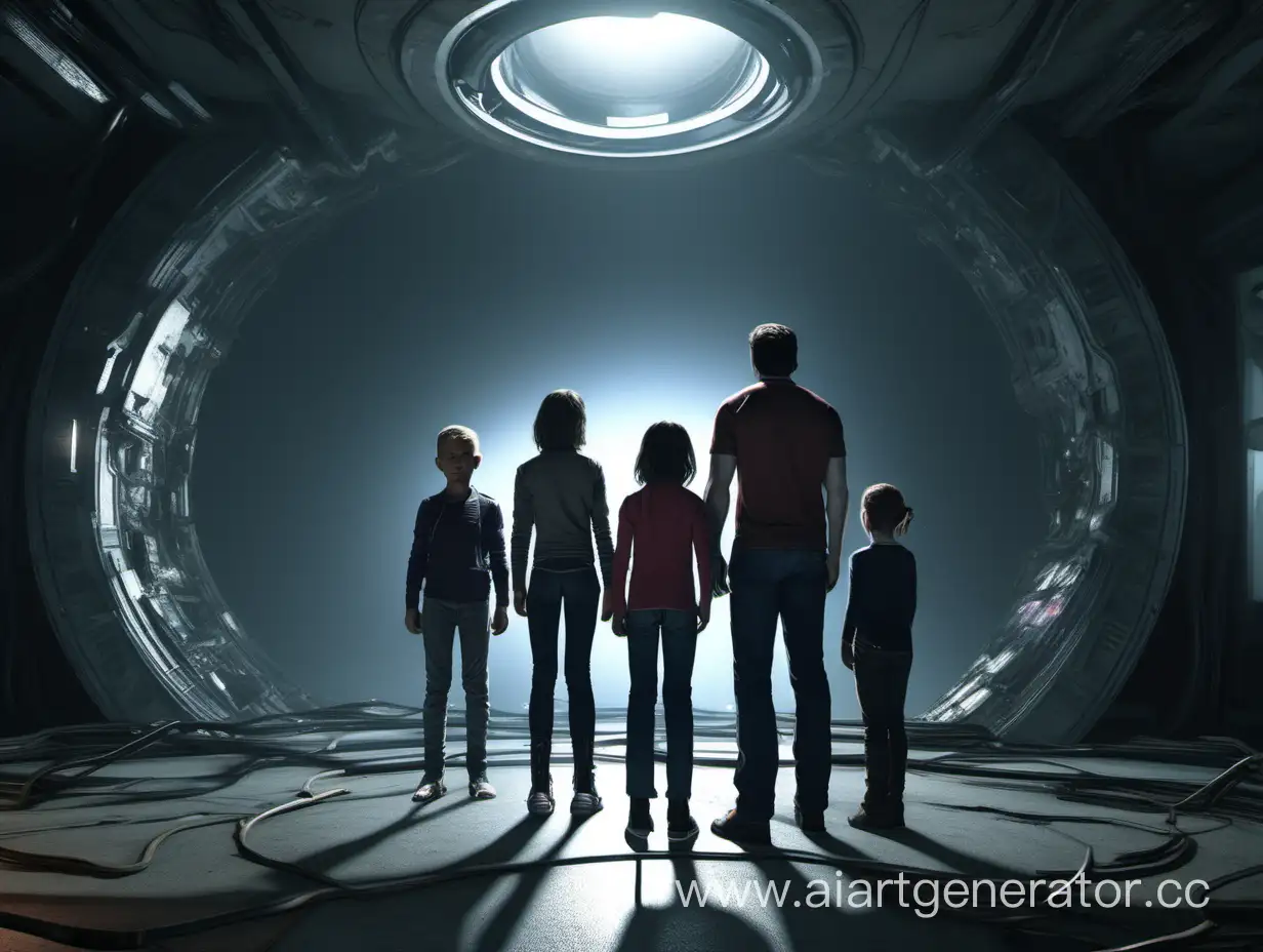/imagine prompt: realistic, personality: [Switch to a medium shot of the hero family standing together in a dimly lit room, looking worried and concerned. Their faces should reflect a mix of fear and determination as they process the news of the blackhole leading to another universe.] unreal engine, hyper real --q 2 --v 5.2 --ar 16:9