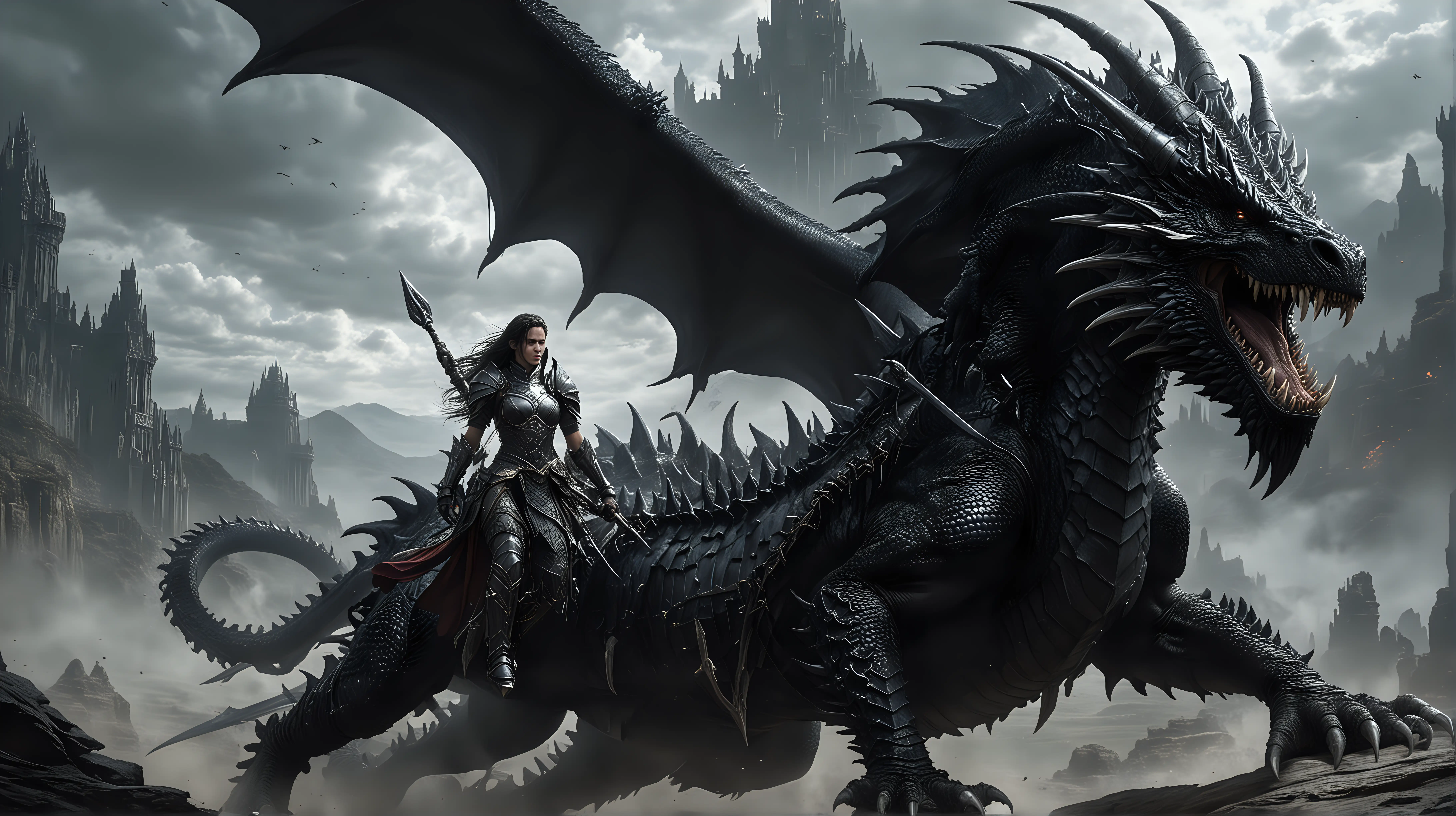 woman in armour, long spear riding massive black dragon, High Fantasy
