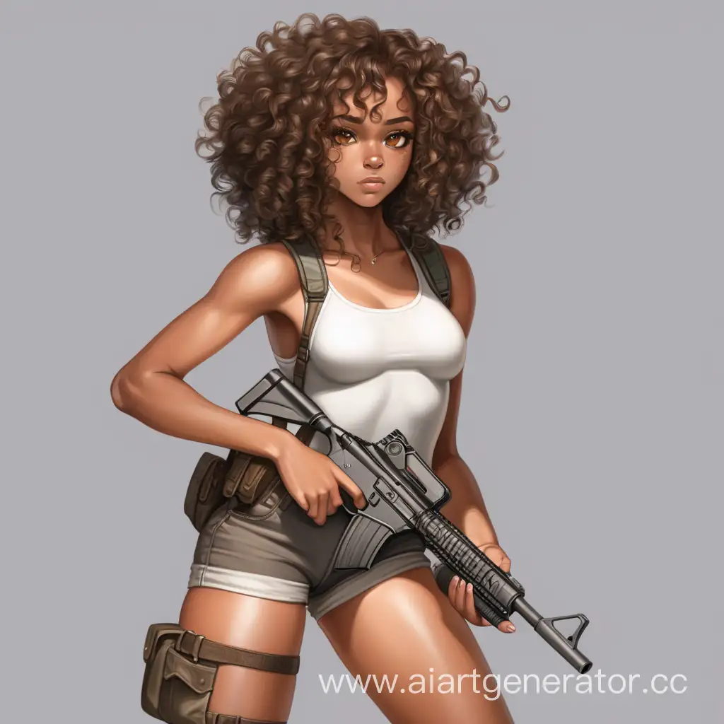 digital art, a black girl with brown curly hair, brown eyes, in shorts and a tight bodysuit with a gun, full-height