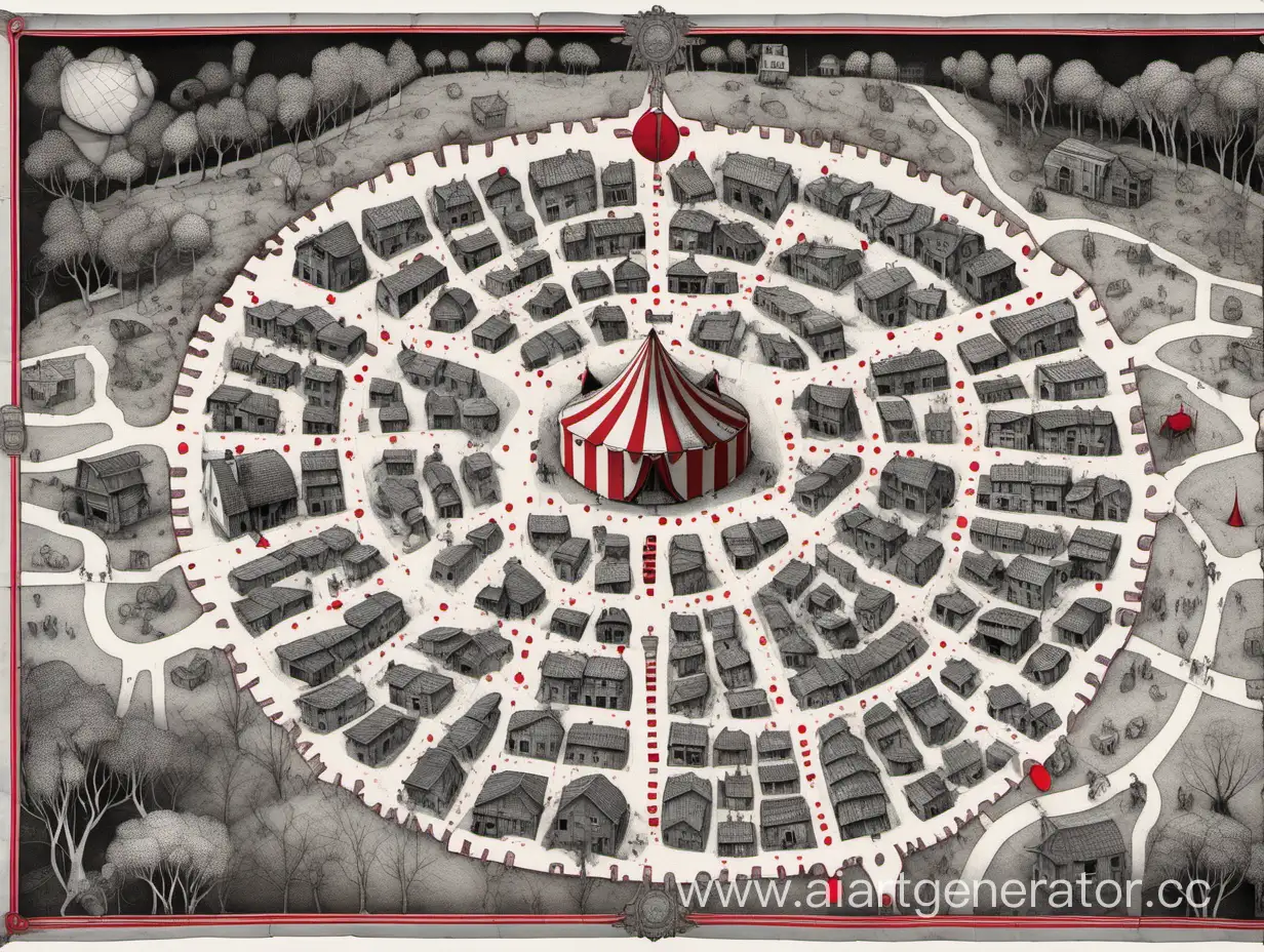 Eerie-Monochrome-Landscape-Abandoned-Beetle-Village-with-Central-Red-Circus