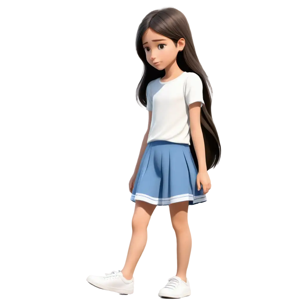 Cartoon character realistic style of a 12 years old girl. She has white skin, long black hair, big light brown eyes. She is wearing a white top and a above the knee blue skirt and white shoes.  Show her back profile not her face. She is walking away. She is upset or crying.