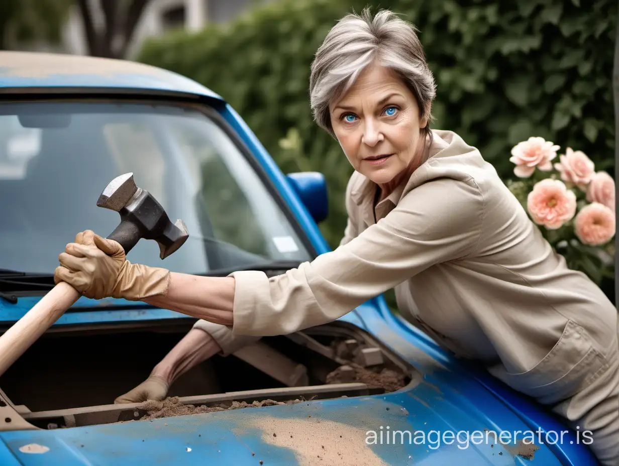 Beautiful short woman, approximately 50 years old, with brown and grey hair and beautiful blue eyes, hitting a small beige car with a huge hammer. A few flowers are drawn on the car body.