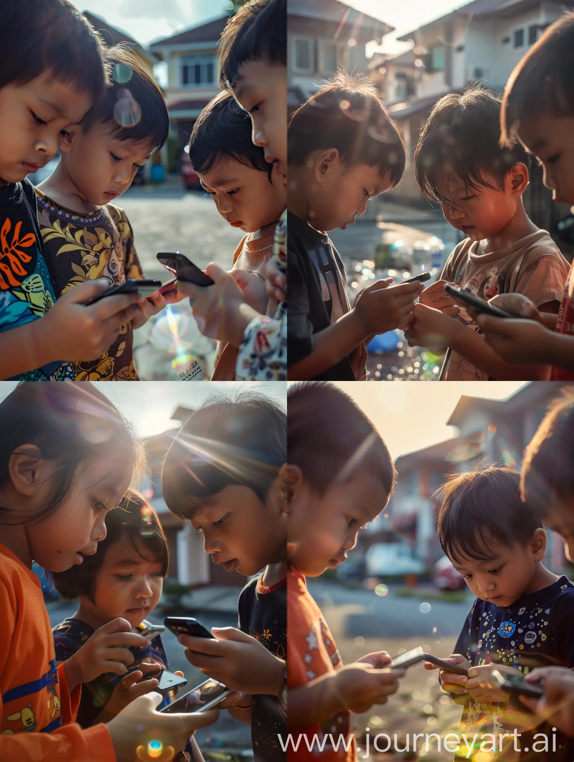 ultra realistic. close up, 3 Malay children are anxiously looking at each other's mobile phones. the background of a housing estate. there is refraction of sunlight. canon eos-id x mark iii dslr --v 6.0