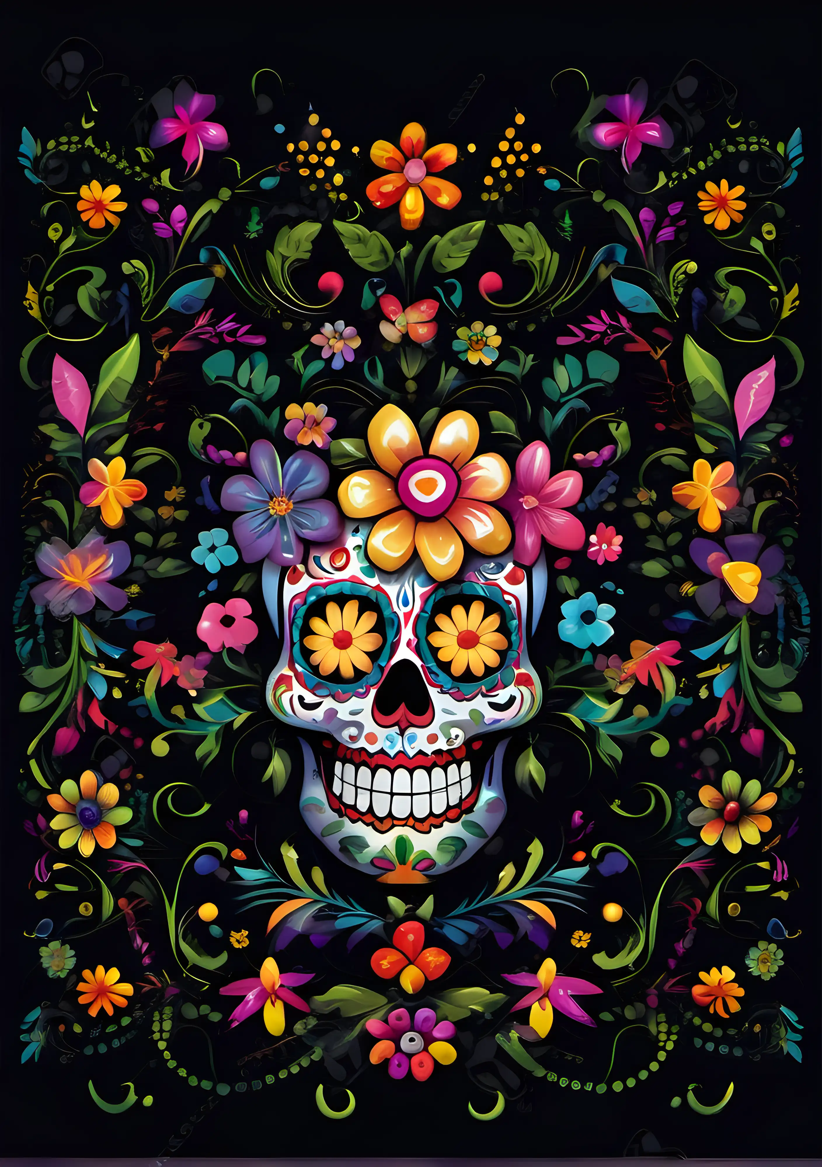 Very defined Colorful Happy Funny Sugar skull with flowers and flower border with no writing
