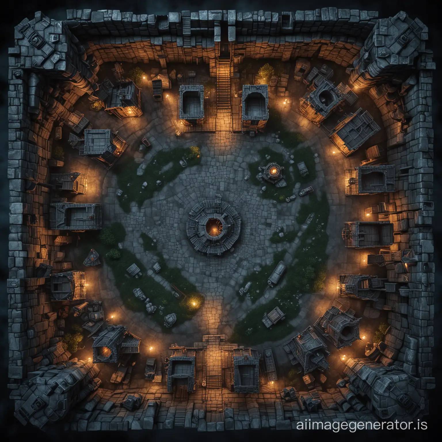 A high level, aerial view of the entrance and surrounding area of an evil sorcerer's castle at night from directly overhead to be used as a battlemap for dungeons and dragons