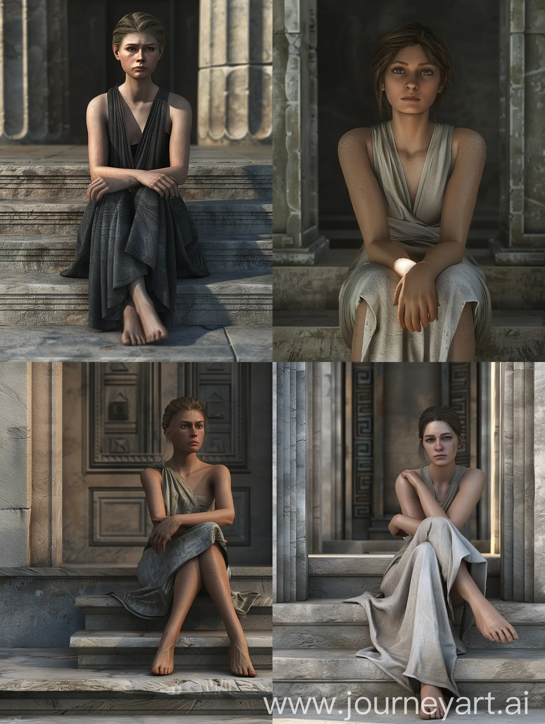 Ancient Greek adult woman, folded arms, sitting on steps, realistic human woman, thin, visibly busty

Serious face. 8k, 4k, realistic, highly detailed, photo realistic, beautiful, attractive, very feminine, large front, not a statue, hyper realistic, apocalypse style, photo realistic, very detailed,ultra detailed.