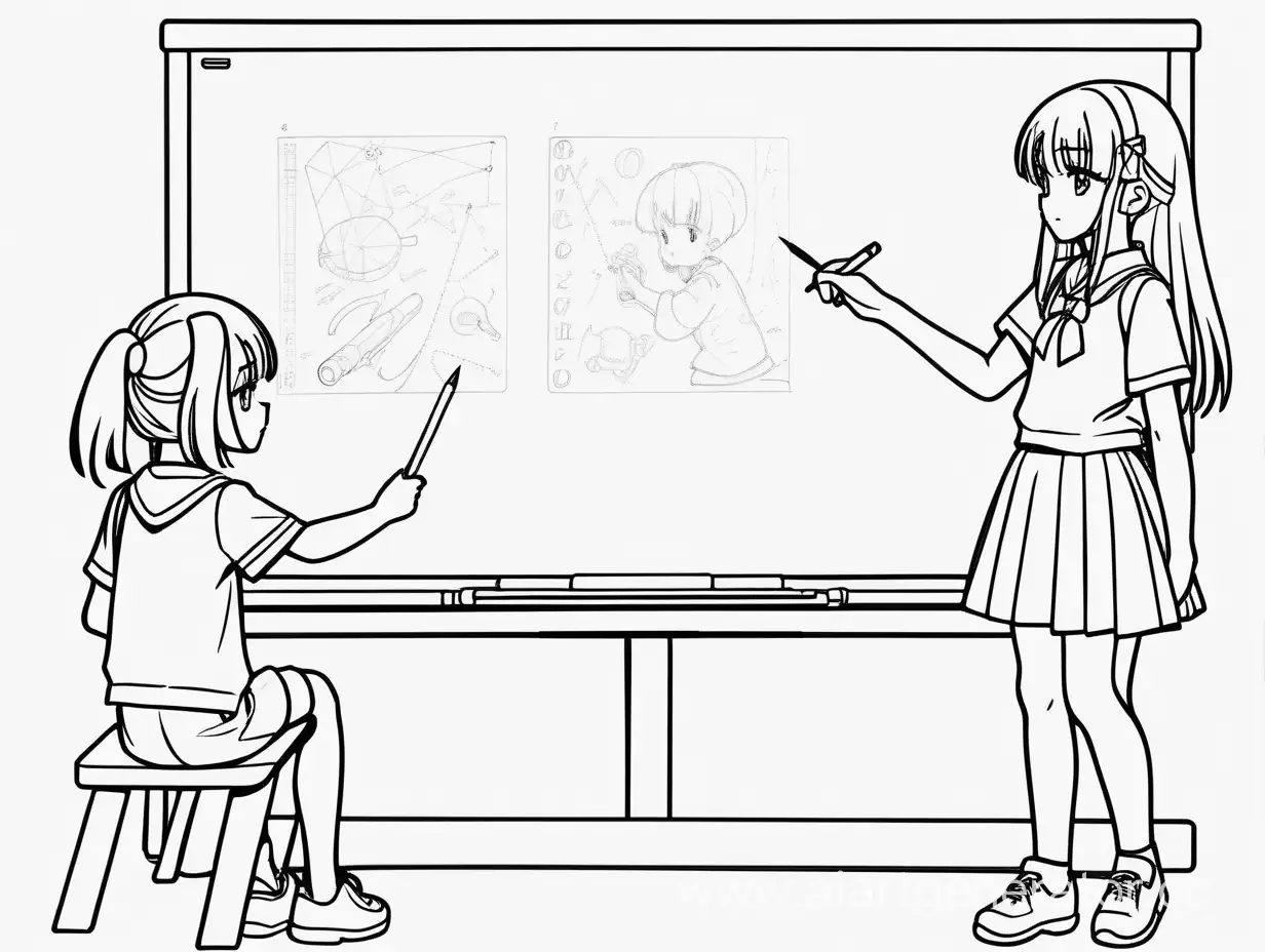 раскраска контуром черно- белым нга белом фоне-девушка аниме ведет в школе урок,стоит около доски, в руках мел