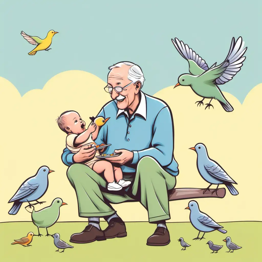 Grandfather and Baby Feeding Birds in Cheerful Cartoon Scene