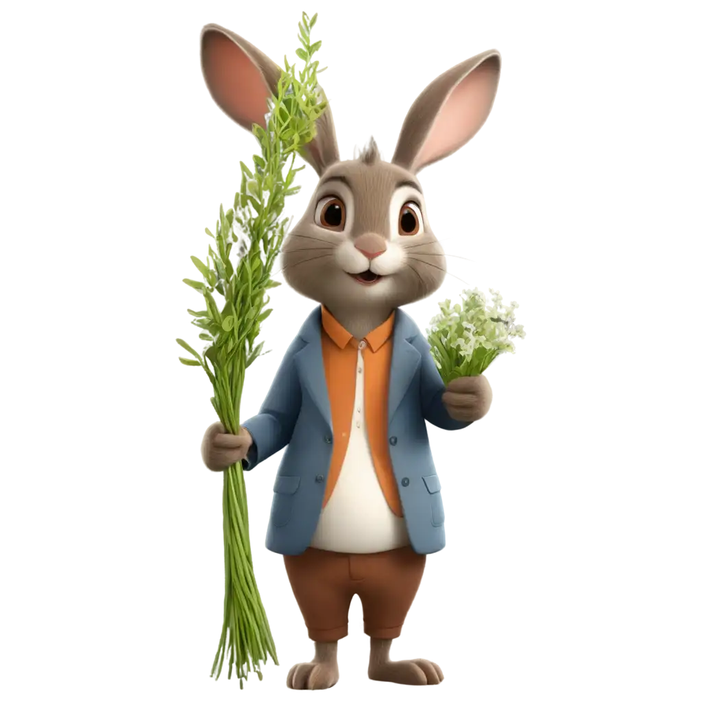 a cartoon rabbit holds a bouquet of willow in his hands