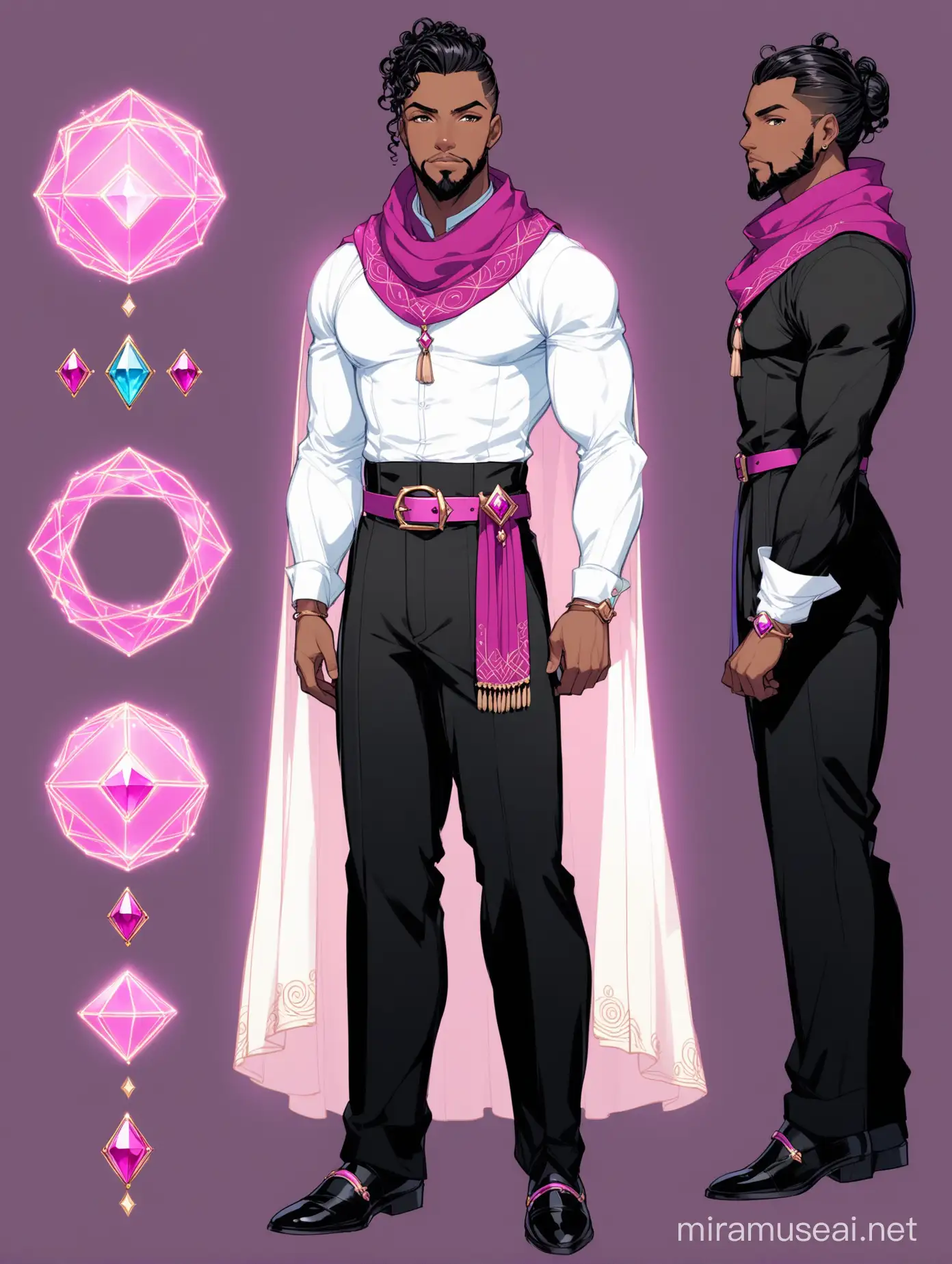 dapper 30s wideset muscular black male, charismatic dnd fantasy mage spellcaster, curly black topknot bun with undercut, well-groomed facial hair, black embroidered shirt, cyan fuchsia rolled-up sleeves, black dress pants, simple black dress shoes, pastel-colored scarf, white periwinkle semi-sheer cape, blue diamond in forehead, numerous skyblue fuchsia belt tassels, rosegold jewelry, soft lighting, animation character reference sheet
