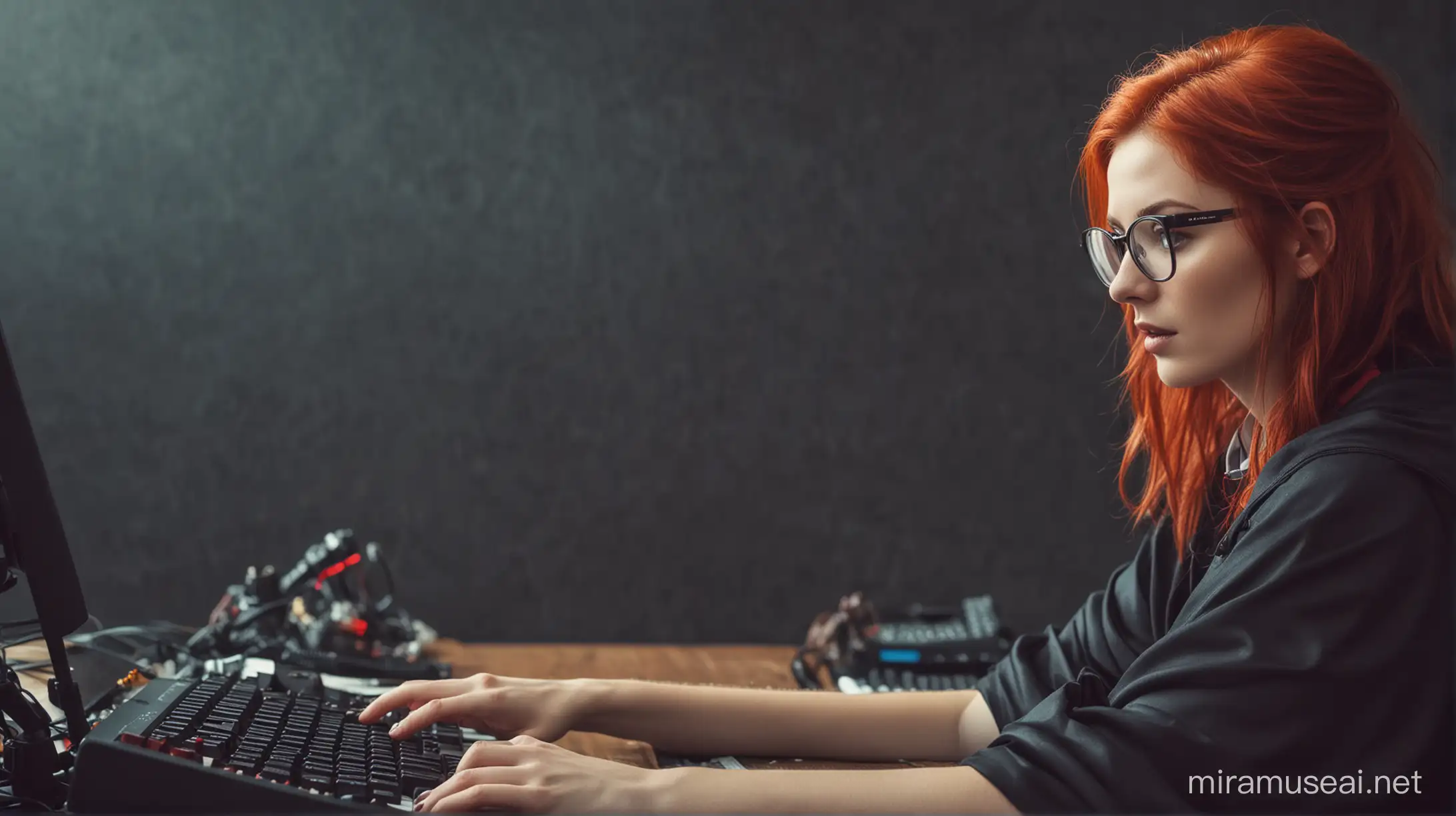 Mysterious Hacker with Red Hair and Cape Glasses Typing on Keyboard