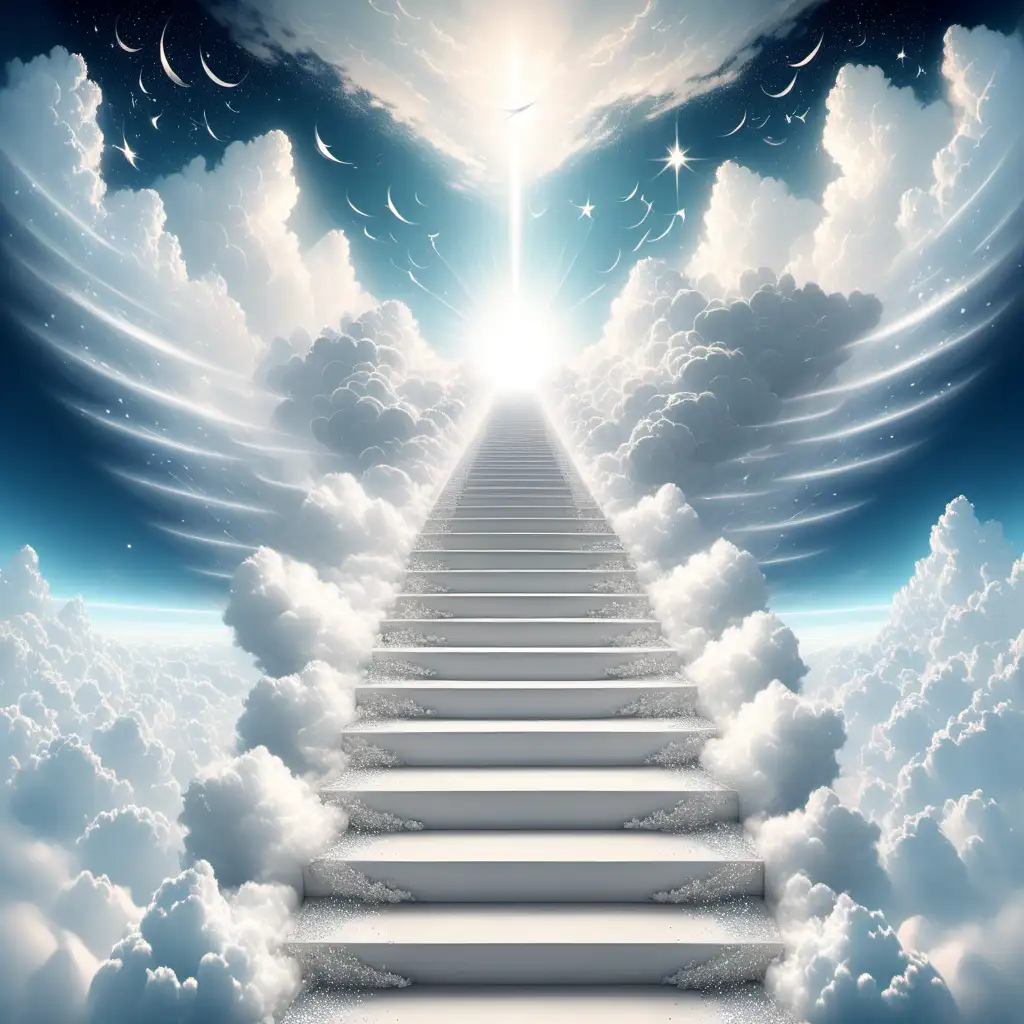 beautiful white stairway to heaven with lots of white fluffy clouds tiny sparkles 
