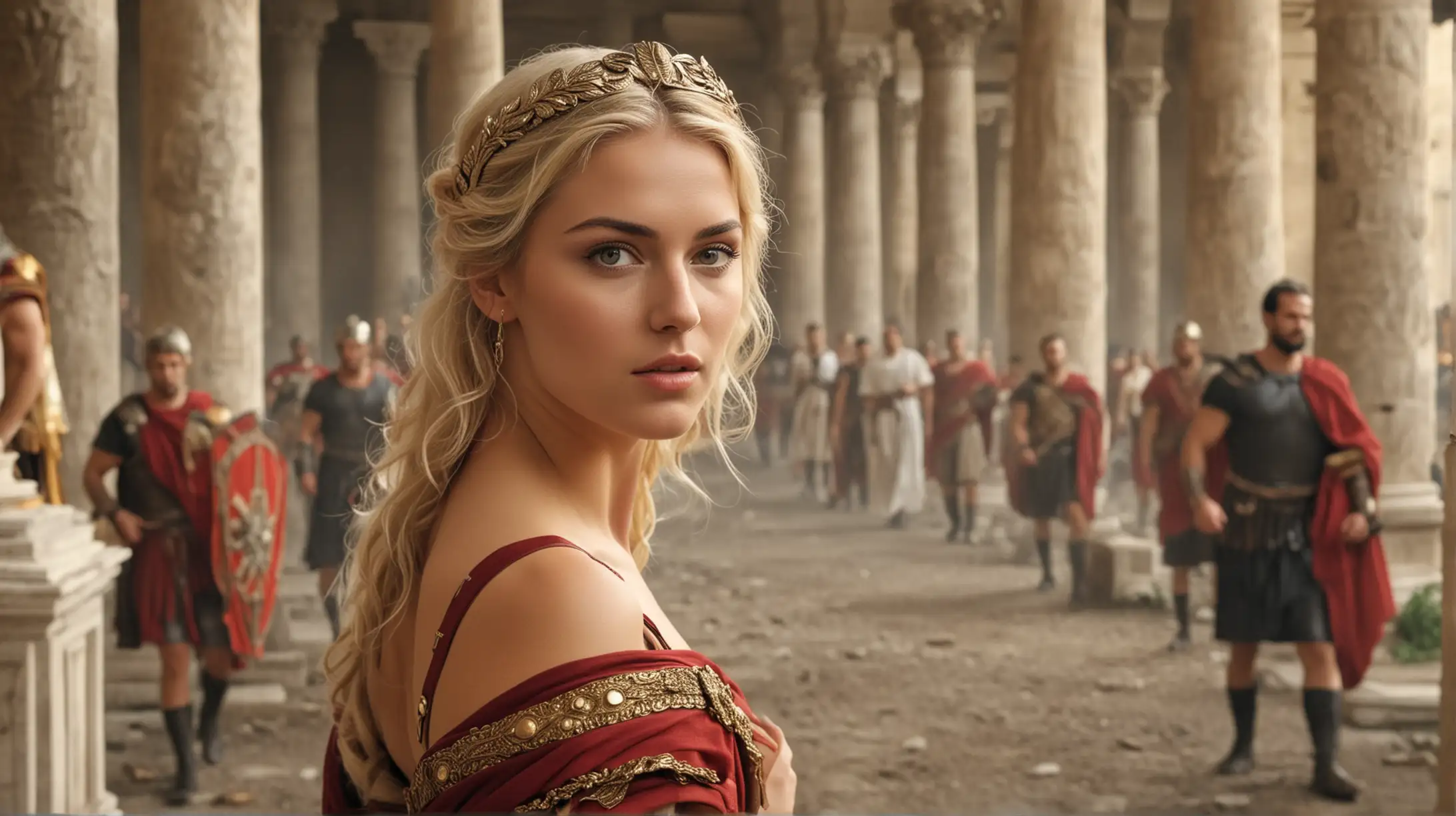 
Background:  beautiful blonde woman roman empire , show men behind her