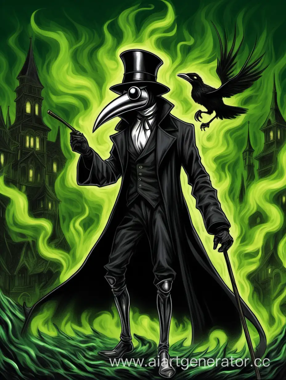 Mysterious-Plague-Doctor-with-Cane-Amidst-Green-Fire-and-Fantasy-Art