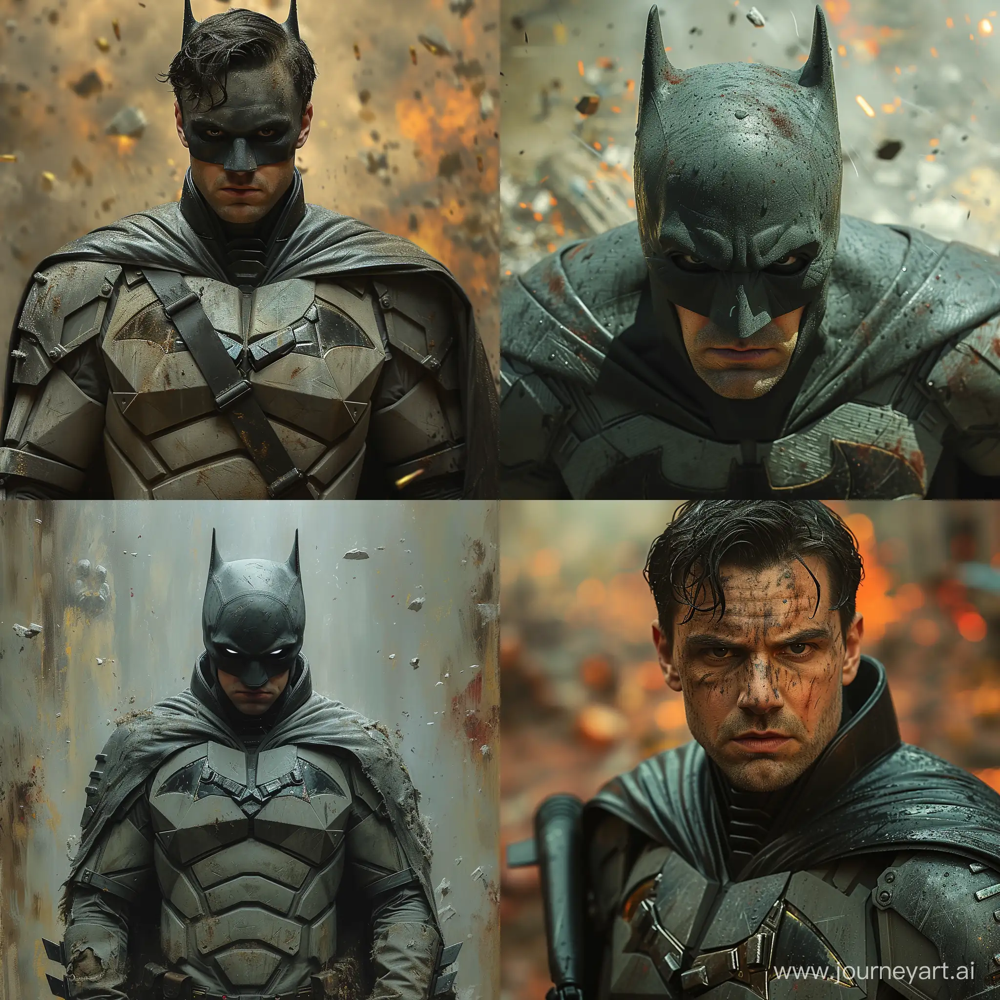 The Batman from 2022 movie has a menacing personality, a costume intended to create a sinister appearance
Batman wears his costume, suggesting a story of survival or combat. It is worth noting that Batman holds a firearm with a focused gaze, which enhances the feeling of threat.The background behind Batman is unclear and chaotic, with undertones suggesting a post-apocalyptic or war-torn environment. This background completes the hostile image of Batman.Designed to induce a feeling of unease or to subvert the usual cheerful connotation The combination of the Batman motif and aggressive elements creates a juxtaposition that is often used in various forms of media to elicit a strong emotional response --stylize 750
